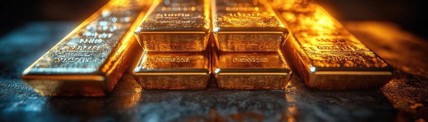 Aufkleber - Close-up of shining gold bars stacked elegantly, symbolizing wealth, investment, and luxury in a glowing setting.