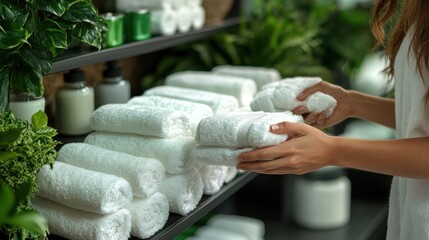 Woman's hands holding a white towel in a spa setting.