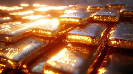 Poster - Close-up view of shining gold bars, representing wealth, luxury, and investment in precious metals with a warm golden glow.