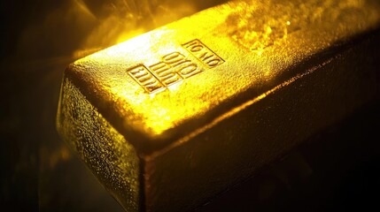 Poster - A close-up of a gleaming gold bar, symbolizing wealth, investment, and luxury, with intricate engravings visible.