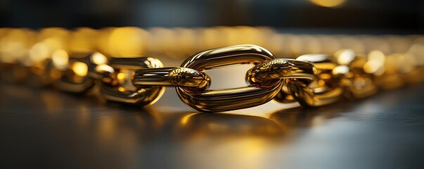 Poster - Close-up of a shiny golden chain on a dark surface, highlighting intricate links and a luxurious feel.