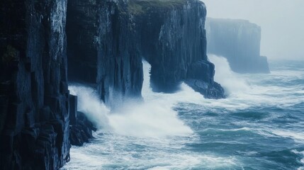 Waves Crashing Against Rugged Cliffs