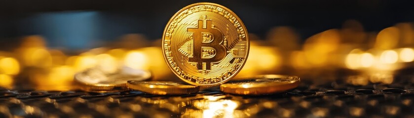 Aufkleber - Close-up of a Bitcoin resting on a textured surface with shining coins in the background, symbolizing cryptocurrency wealth.