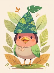 Poster - Cute Bird Wearing a Green Hat Illustration