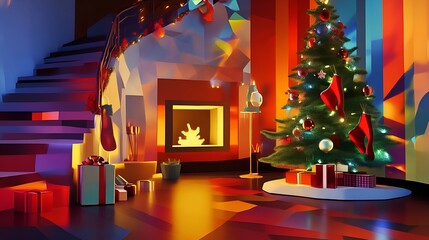 Wall Mural - Christmas Living room in cubist style - tree - fireplace - lights - stockings - presents - festive - holiday decorating - home for the holidays 