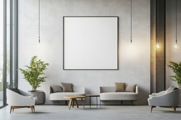 Wall Mural - Modern interior with minimalist design featuring seating, plants, and blank wall space.