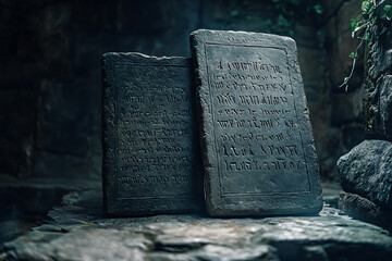 Wall Mural - Ancient stone tablets featuring inscribed commandments, representing a powerful historical and religious symbol of moral and ethical guidelines