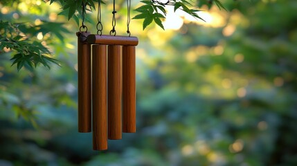 Sticker - Wooden Wind Chimes Hanging from a Tree Branch in a Lush Garden