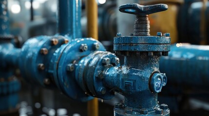 Poster - A valve is controlling the flow of water in an industrial setting, demonstrating the critical infrastructure necessary for efficient water management