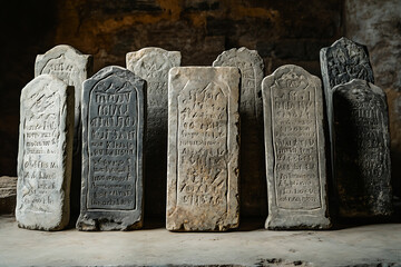 Ancient stone tablets featuring inscribed commandments, representing a powerful historical and religious symbol of moral and ethical guidelines