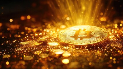 Poster - A stunning Bitcoin coin surrounded by glimmering gold particles, symbolizing wealth, prosperity, and the digital currency revolution.