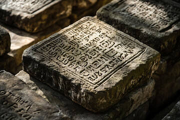 Ancient stone tablets featuring inscribed commandments, representing a powerful historical and religious symbol of moral and ethical guidelines