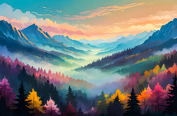 Wall Mural - a landscape of mist-covered mountains in a colorful, abstract style minimalist vector painting art i