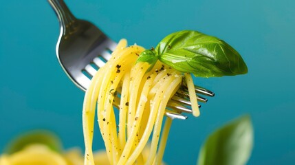 Wall Mural - Close-up of a fork with spaghetti and basil on a blue background.