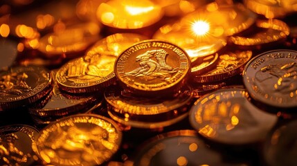 Aufkleber - A close-up view of shimmering gold coins stacked together, reflecting light and showcasing intricate designs. Ideal for financial themes.