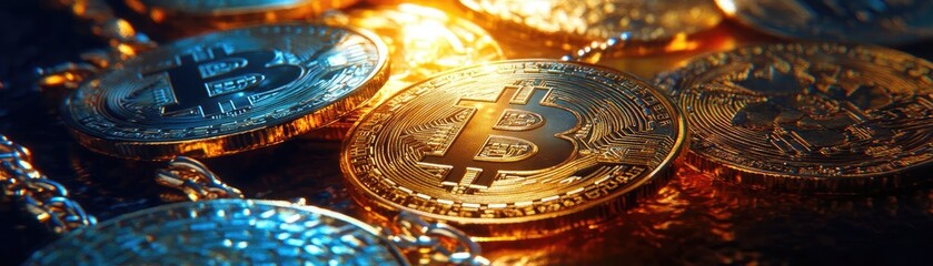 Aufkleber - Close-up of shimmering gold cryptocurrencies, highlighting Bitcoin with a dynamic light effect, symbolizing digital wealth and investment.