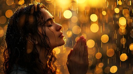 Photo of a young woman praying in the rain against a golden bokeh background.