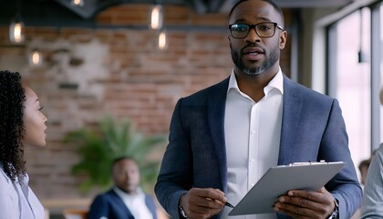 A Businessman in a Blue Suit Holding a Clipboard and Addressing a Colleague