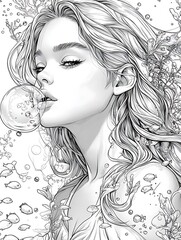 Wall Mural - a drawing of a woman blowing bubbles in the air