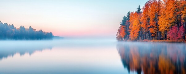 Wall Mural - Autumn Reflections in a Misty Lake.