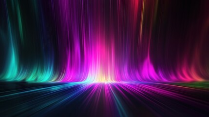 Fototapete - Colorful spectrum background featuring vibrant vertical stripes and glowing light rays on a dark backdrop. The neon multicolored lights create a stunning gradient effect, with rainbow colors blending 