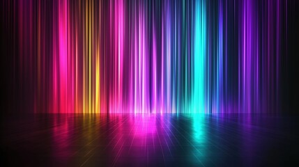 Fototapete - Colorful spectrum background featuring vibrant vertical stripes and glowing light rays on a dark backdrop. The neon multicolored lights create a stunning gradient effect, with rainbow colors blending 