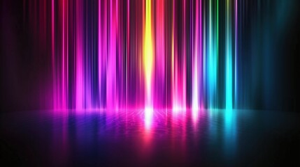 Fototapete - Colorful spectrum background featuring vibrant vertical stripes and glowing light rays on a dark backdrop. The neon multicolored lights create a stunning gradient effect, with rainbow colors blending 