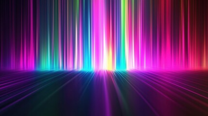 Fototapete - Colorful spectrum background featuring vibrant vertical stripes and glowing light rays on a dark backdrop. The neon multicolored lights create a stunning gradient effect, with rainbow colors blending 