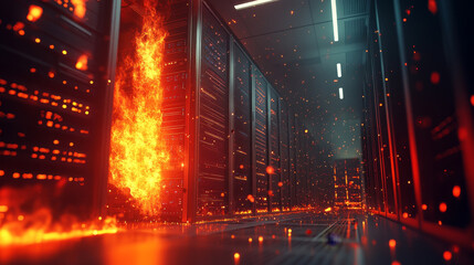Wall Mural - a modern data center with ai driven security features, showcasing dramatic fire effect amidst server