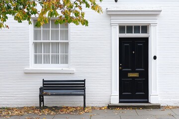 Elegant black front door on a clean white house with a tree and bench enhancing the cozy outdoor setting
