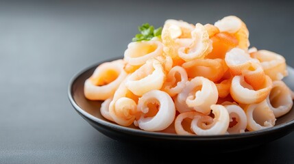 A beautifully arranged plate of fresh seafood, featuring tender calamari rings garnished with parsley on a dark background.