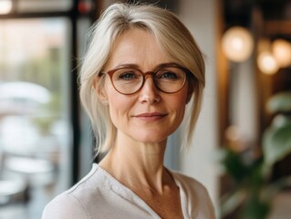 Poster - Professional Portrait of a Blond Woman with Glasses