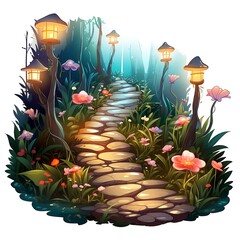 Wall Mural - illustration of a pathway in the woods with lanterns and flowers