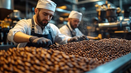 two workers in white hats and black aprons are sorting coffee beans in a factory.