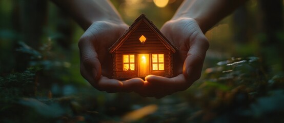 Poster - Hands Holding a Small Cabin Model with Warm Lights