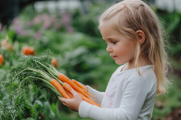 A young girl in a garden holding freshly harvested carrots with greenery around, representing fresh autumn produce.