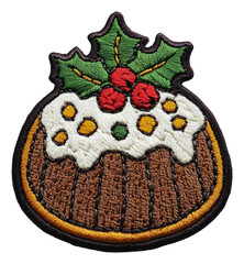 festive embroidered patch of a christmas pudding, cut out - stock png.