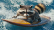 © Oksana - A raccoon rides a surfboard on ocean waves, concentrating on maintaining balance during surfing