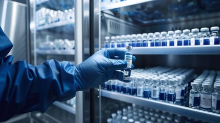 A person is holding a vial of medicine in a cold storage room