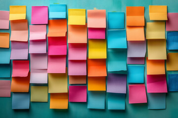 Poster - A whiteboard with colorful sticky notes arranged in a grid, set against a pastel green background,