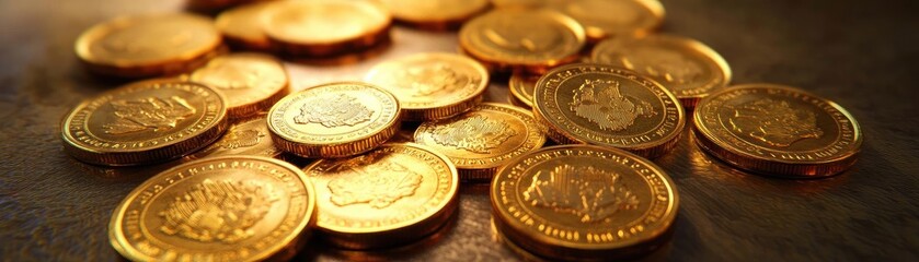 Poster - A close-up view of shiny gold coins scattered on a textured surface, symbolizing wealth and prosperity.