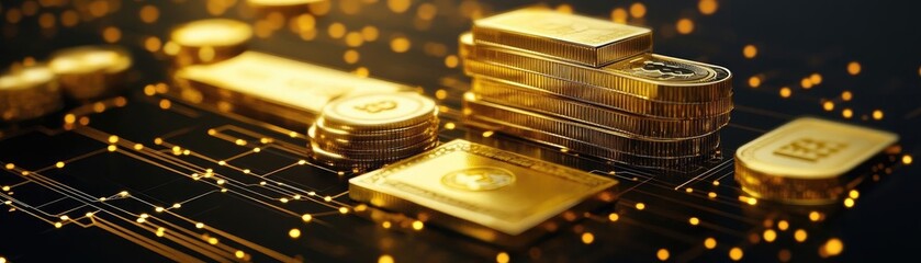 Poster - Stunning collection of gold bars and coins on a dark background, symbolizing wealth and prosperity in digital finance.