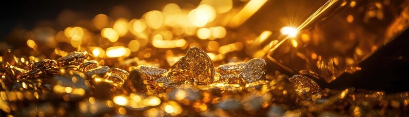 Poster - Close-up of shimmering gold pieces illuminated by soft light, showcasing the allure and beauty of precious metal.
