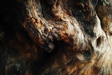 Close-up of Knotted and Cracked Tree Bark with Deep Shadows