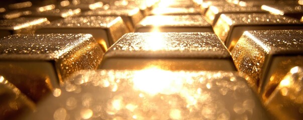 Poster - Close-up view of gleaming gold bars, reflecting warm light and showcasing exquisite texture and luxury in a rich golden hue.