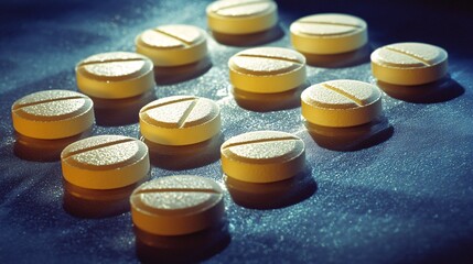 Poster - Photogram of medicine tablets arranged to form a geometric pattern casting sharp shadows on a light-sensitive surface Stock Photo with copy space