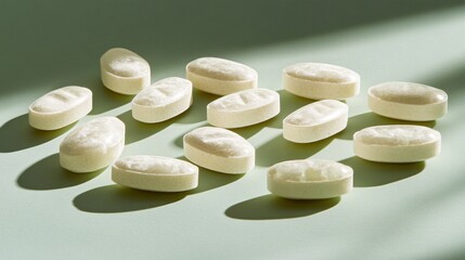 Poster - Photogram of medicine tablets arranged to form a geometric pattern casting sharp shadows on a light-sensitive surface Stock Photo with copy space