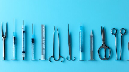 Poster - Silhouette of various medical tools like syringes and surgical scissors arranged in a balanced composition on a light-sensitive surface emphasizing the precision of medical instruments Stock Photo