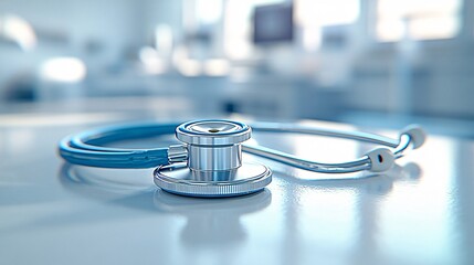 Poster - Detailed photogram of a stethoscope laying flat against a white light-sensitive surface casting sharp shadows highlighting the contours and intricate details of the instrument Stock Photo with copy