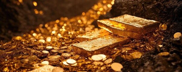Aufkleber - Shimmering gold bars and coins create a treasure scene, symbolizing wealth, success, and prosperity. Perfect for financial themes.